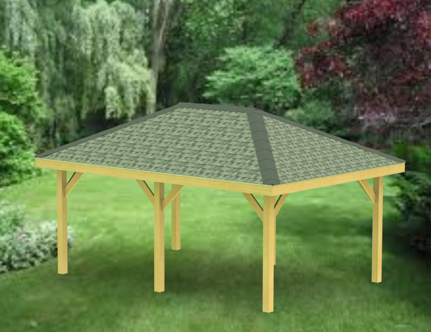 Hip Roof Pavilion Plans with Footing and Permit Drawings – 6:12 Roof Pitch Digital Download (Multiple Sizes Available)