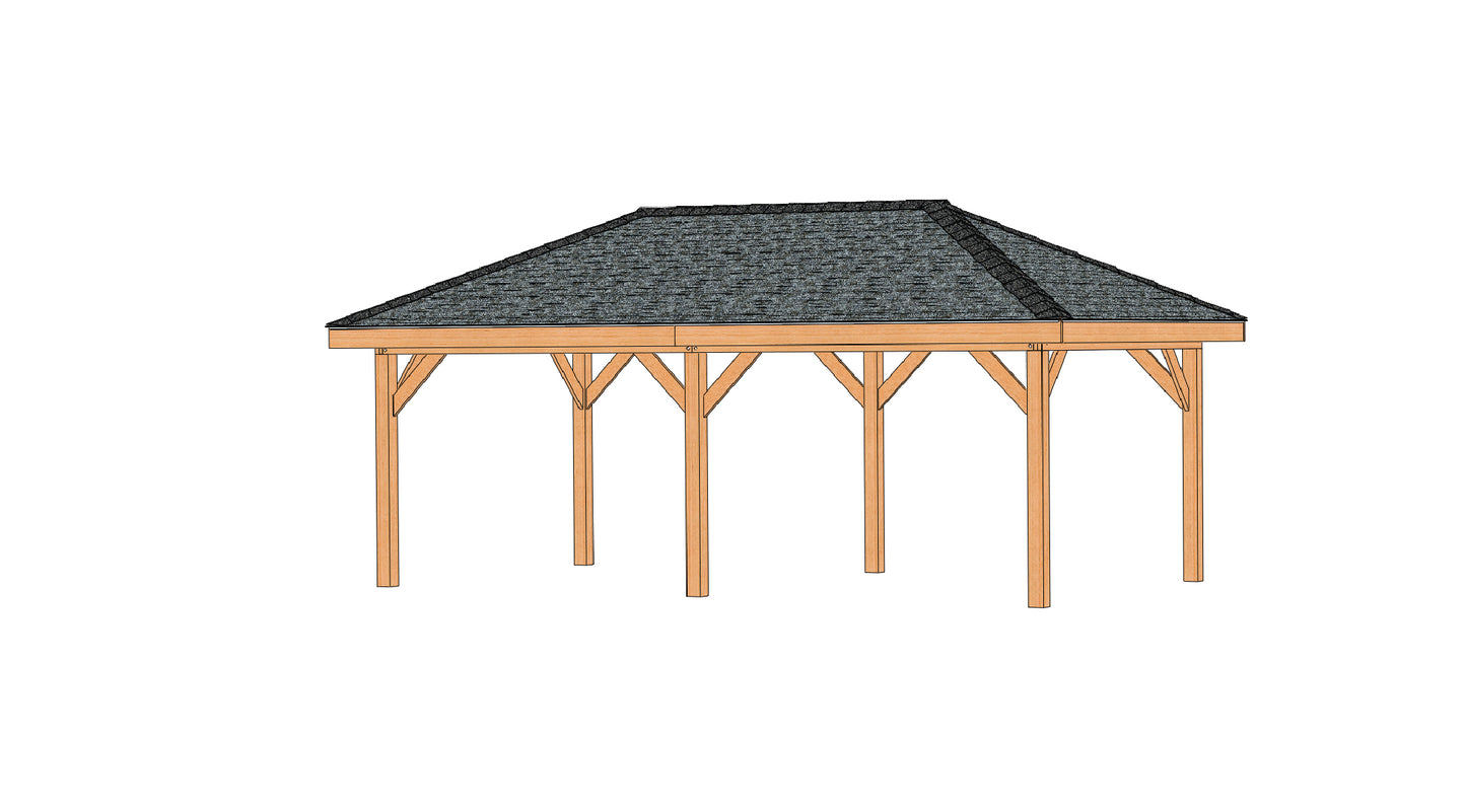 Hip Roof Pavilion Plans with Footing and Permit Drawings – 6:12 Roof Pitch Digital Download (Multiple Sizes Available)