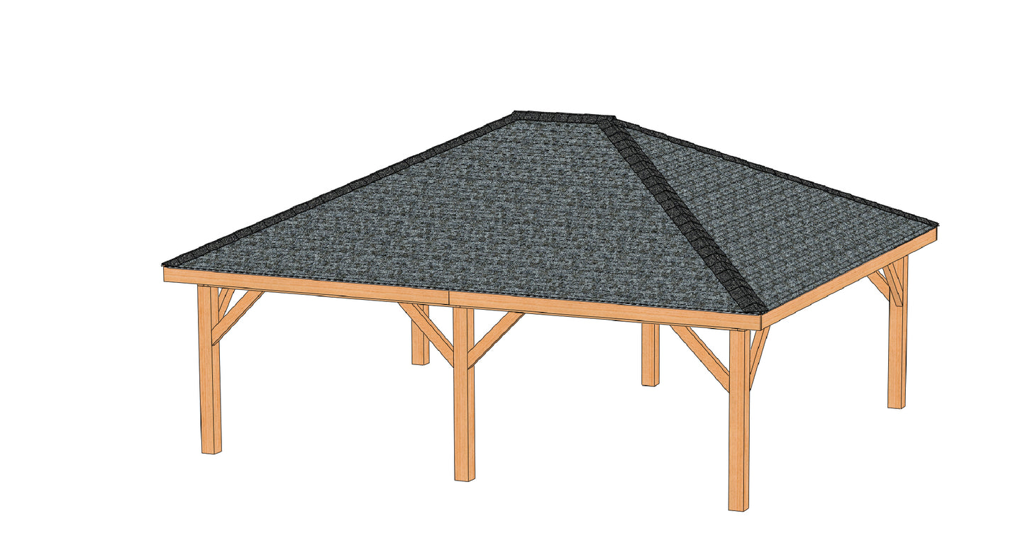 Hip Roof Pavilion Plans with Footing and Permit Drawings – 6:12 Roof Pitch Digital Download (Multiple Sizes Available)