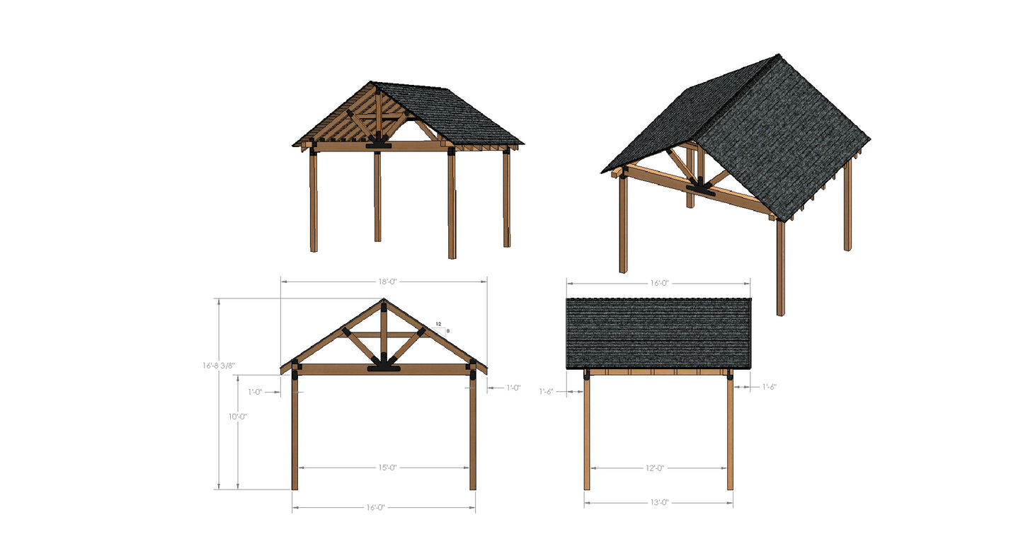 Gable Roof Timber Frame Pavilion Building Plans - 8:12 Roof Pitch - 16' x 13' Digital Plans