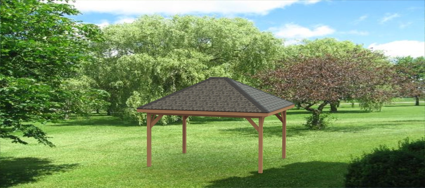 Hip Roof Gazebo Building Plans-Perfect for Hot Tubs - 14' x 16' - 4:12 Roof Pitch